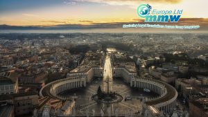 View of the city of Rome in Italy from the top of the dome of the Church of San Pietro in the Vatican