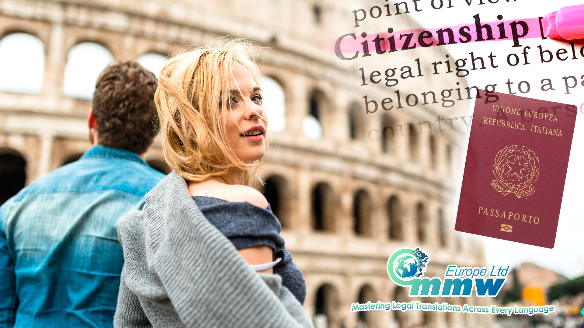 Young woman in front of the Colosseum with an overlay of an Italian passport, symbolizing the process of obtaining Italian citizenship through residency in Italy