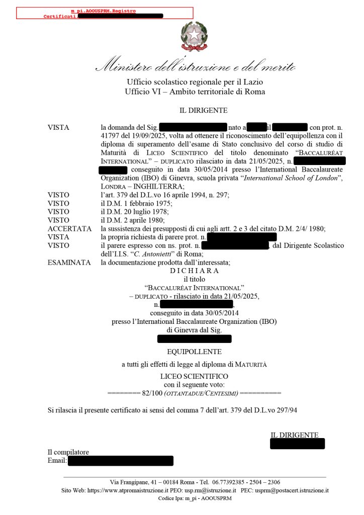 Official decree of equipollenza for International Baccalaureate diploma issued by Ufficio Scolastico Regionale Lazio