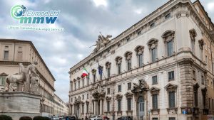 Palazzo della Consulta in Rome, seat of the Italian Constitutional Court, with Italian and European Union flags