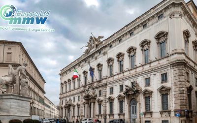 Palazzo della Consulta in Rome, seat of the Italian Constitutional Court, with Italian and European Union flags