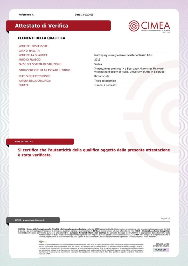CIMEA Attestato di Verifica sample
