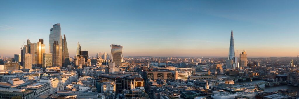 London skyline at sunset over the River Thames